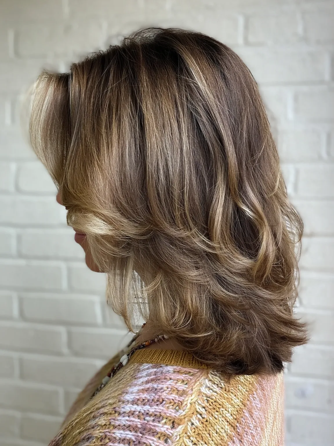 Shoulder-Length Layered Cut with Honey Highlights and Long Bangs